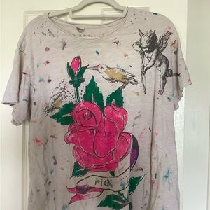 Magnolia Pearl Cream T-Shirt with Pink Rose and Artistic Graphics